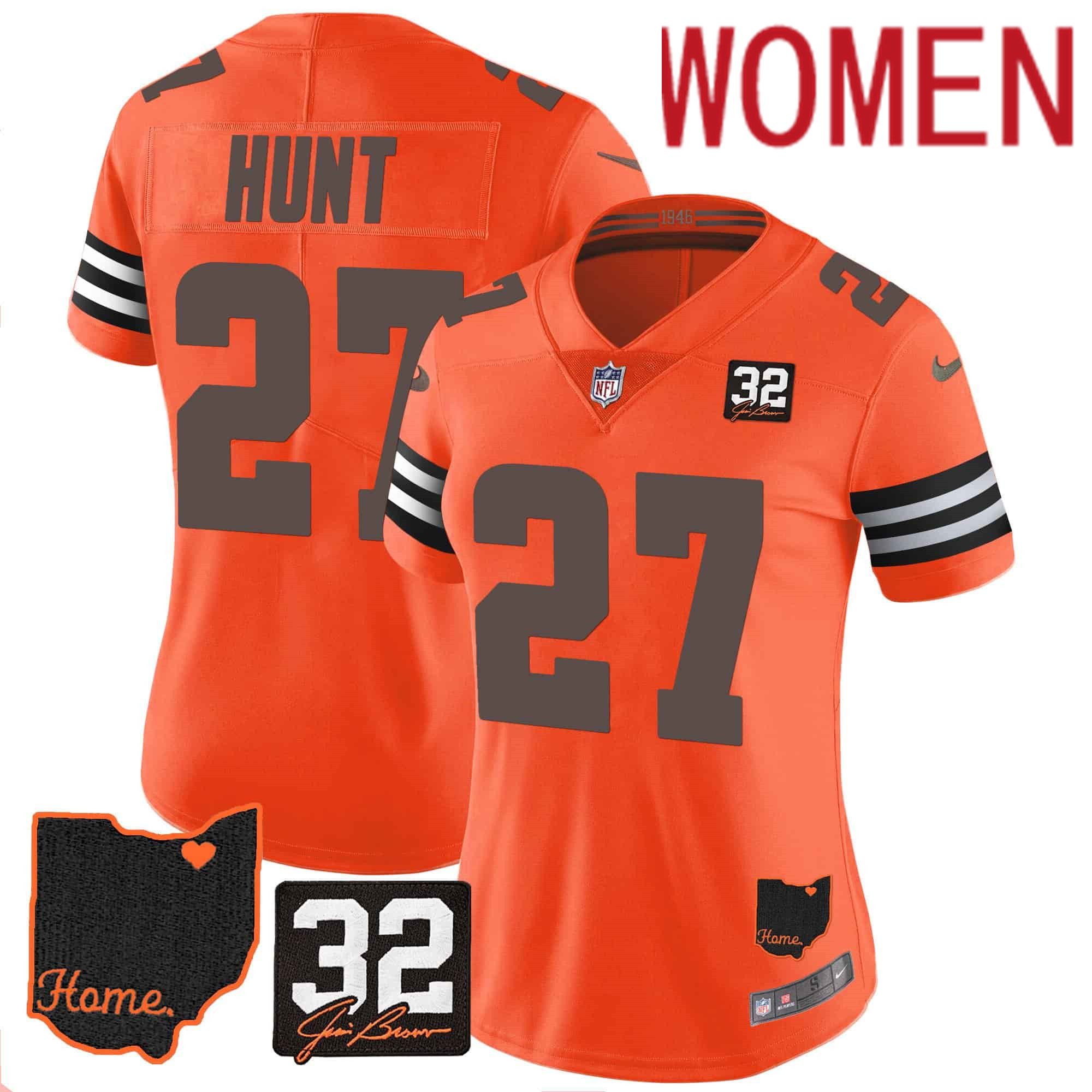 Women Cleveland Browns #27 Hunt Orange Memorial Home Patch 2024 Nike NFL Jersey->women nfl jersey->Women Jersey
